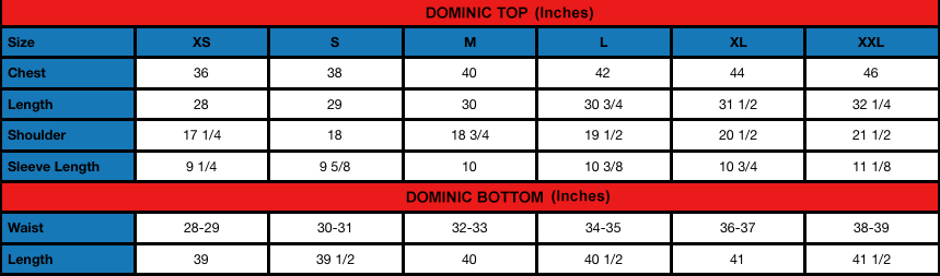 Dominic (M) - Size chart