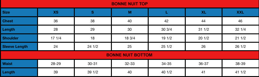 BONNE NUIT Size chart