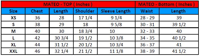 Mateo (M) - Size Chart