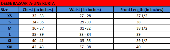 Desee Bazaar A-line Kurta  Size chart