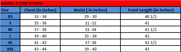 NAARI A-line Kurta Size chart