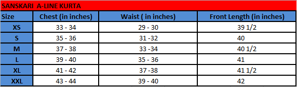 Sanskari A-line Kurta Size chart