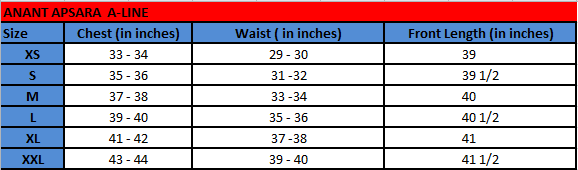 Anant Apsara A-line Kurta Size chart