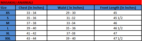 Masakali Anarkali Kurta size chart