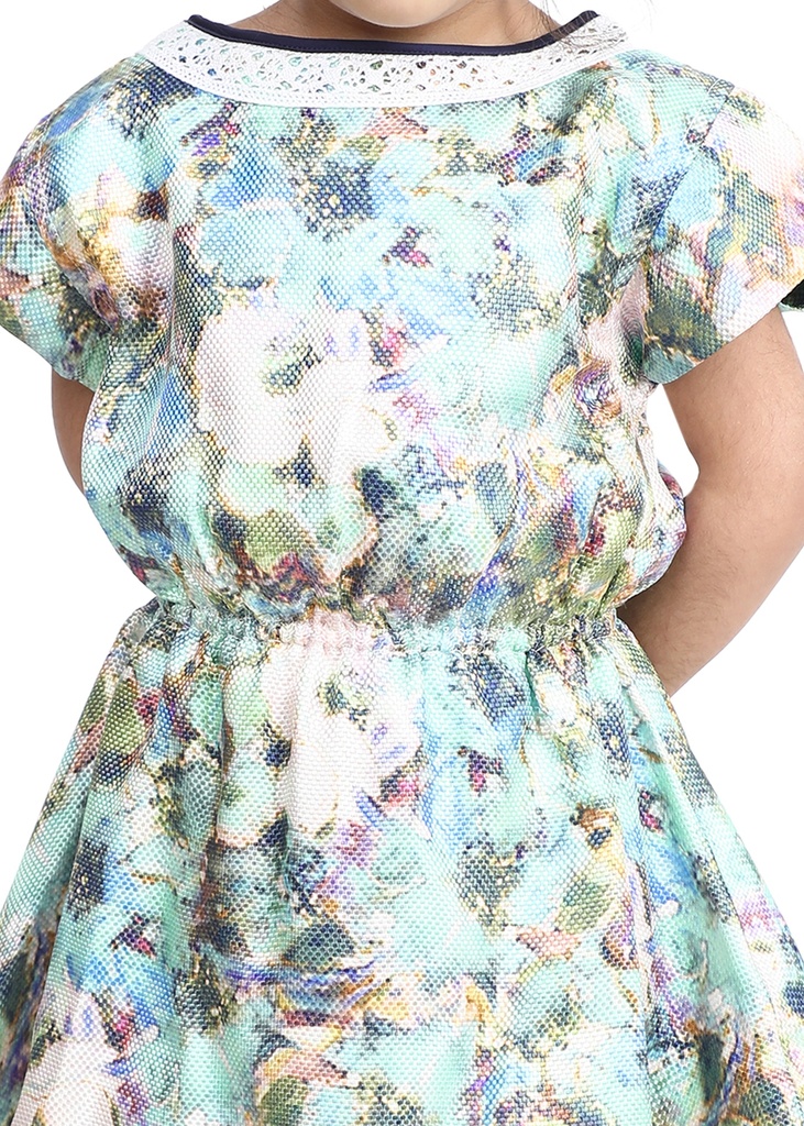 Wear We Met - Green Girls Printed Fit & Flare Dress Closeup