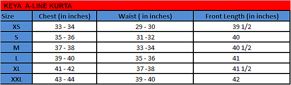 Keya A-line Kurta size chart