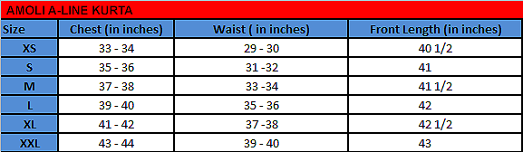 Amoli Wrap A-line Kurta size chart