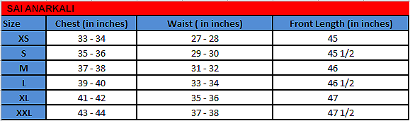 Sai Anarkali Kurta size chart