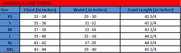 Aaryahi A-Line Kurta size chart