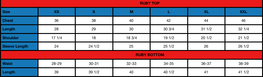 Ruby (M) Size Chart