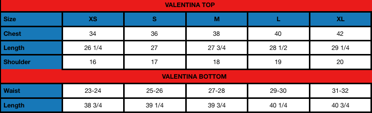 Valentina (W) Size Chart