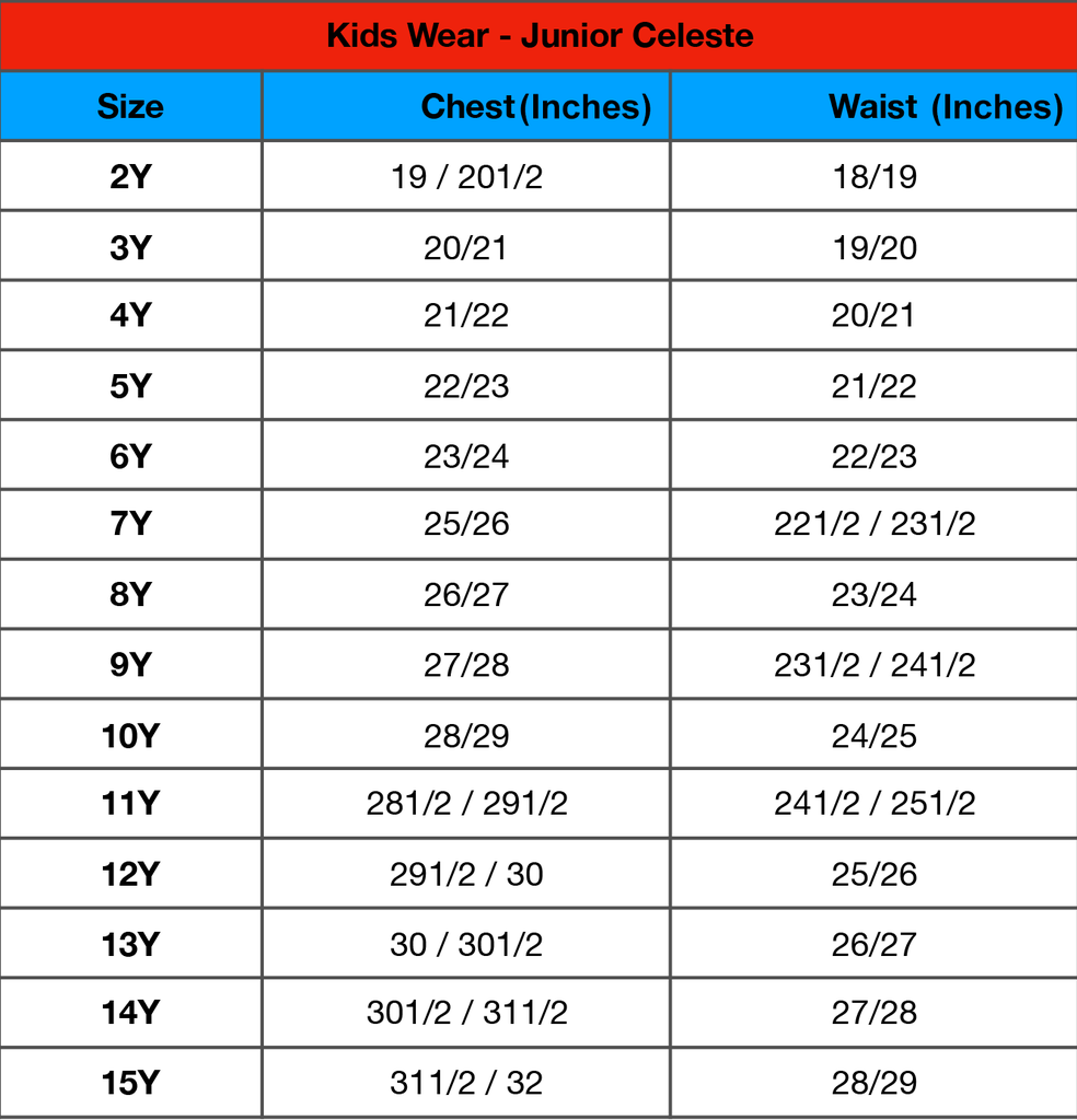 Junior Celeste - Size chart