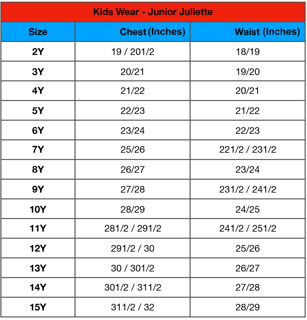 Junior Juliette - Size chart