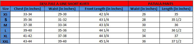 DESI ZULE A-Line Short Kurti with Patiala Pants(Size chart)