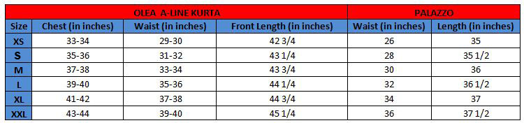 OLEA A-line Kurta With Palazzo Pants(Size chart)