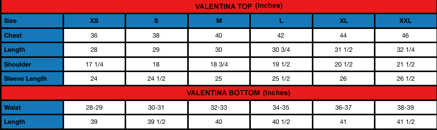 Valentina (M) - Size chart