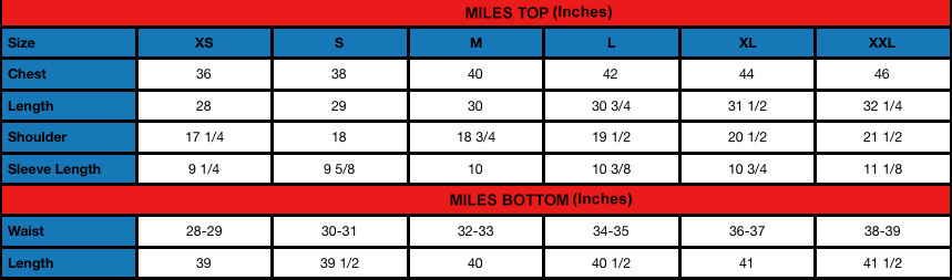 Miles (M) - Size chart