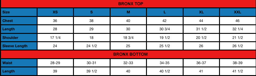 BRONX size chart