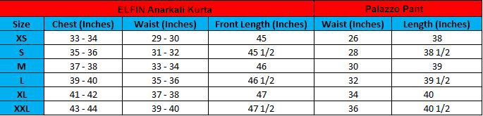 ELFIN Anarkali Kurta with palazzo pant - Size Chart