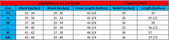 AQUARELLE A-Line Kurta with Cigarette Pant - Size Chart