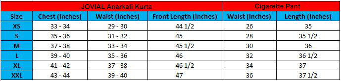 JOVIAL Anarkali Kurta with cigarette pant - Size chart