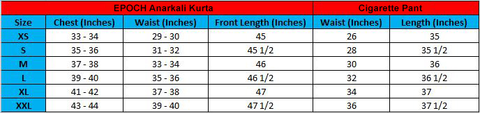 EPOCH Anarkali Kurta with Cigarette Pant - Size chart