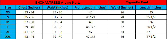 ENCHANTRESS A-line Kurta with cigarette pants -Size chart