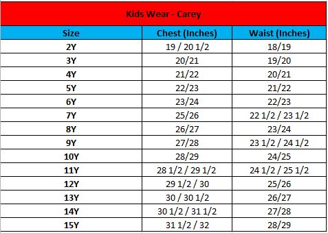 Carey size chart