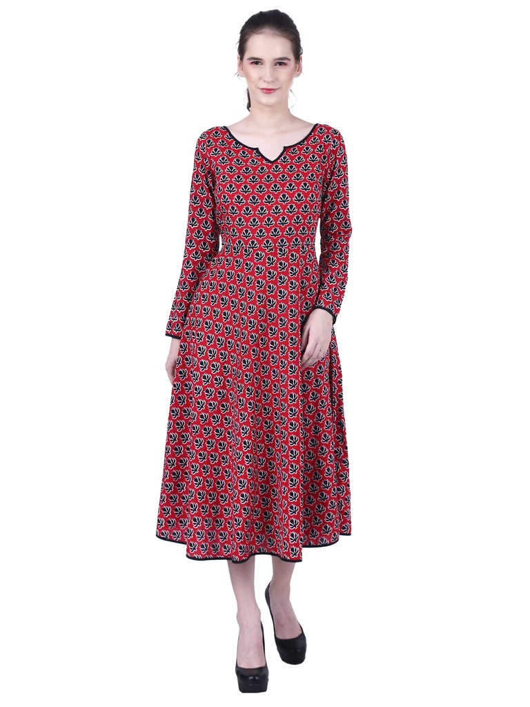 [Red Kurta with Black & White Floral Print] Manohar Anarkali Kurta (S)