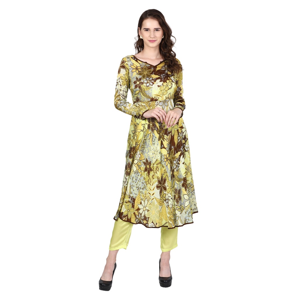 [Floral Printed Motifs Kurta Set] KALPI Anarkali Kurta with Cigarette Pants (S)