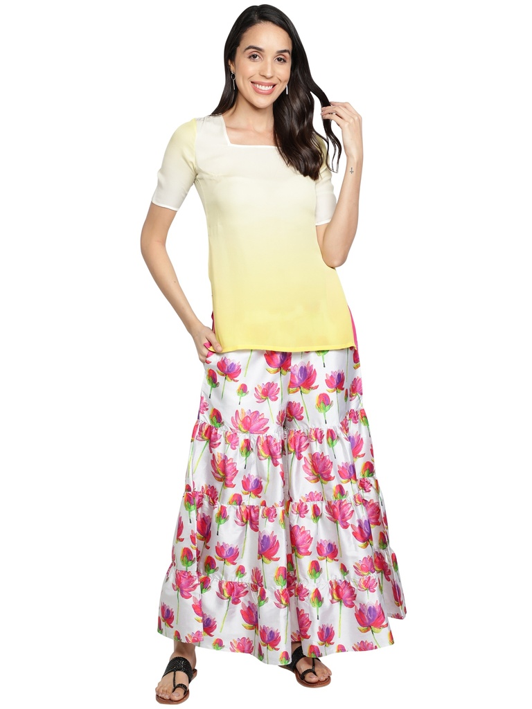 [Pink Lotus Pattern with Yellow ombre] REGAL BLOOM Kurta with Sharara (S)