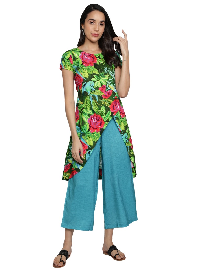 [RED AND GREEN VIBRANT PRINT] RUBY INCARNATE Wrap A-line Kurta with Palazzo (S)