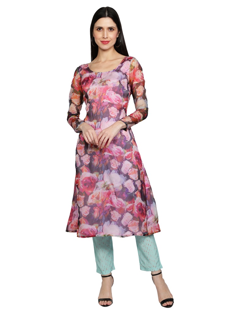 [WATER COLOUR ROSE PRINT WITH DOTTED BOTTOM] CHARM A-line Kurta with cigarette pant (S)