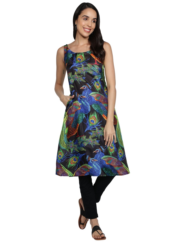 [VIBRANT PEACOCK PRINT WITH BLACK BOTTOM] ENCHANTRESS A-line Kurta with cigarette pants (S)