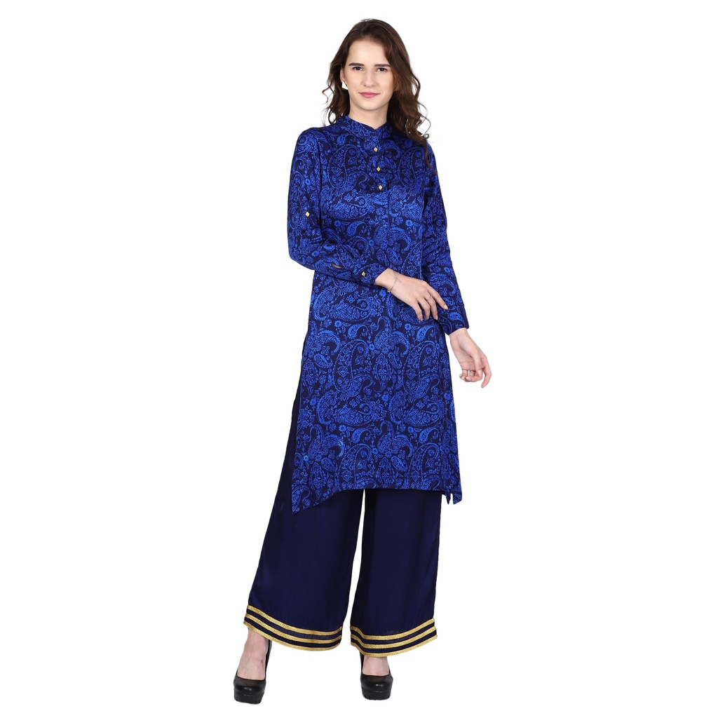 [Blue Paisley Navy Bottom] VIVID A-line Kurta with Palazzo Pants (S)