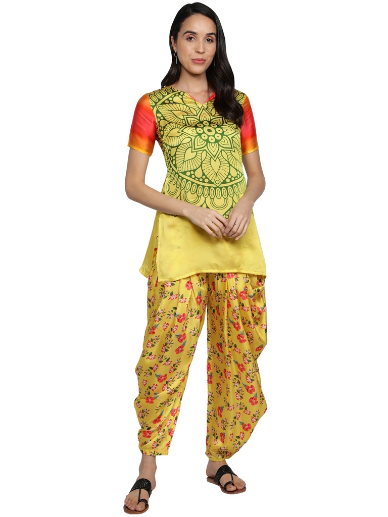 [Yellow Mandala engineered , red yellow floral bottom] AMBER Printed Patiala Suit (S)