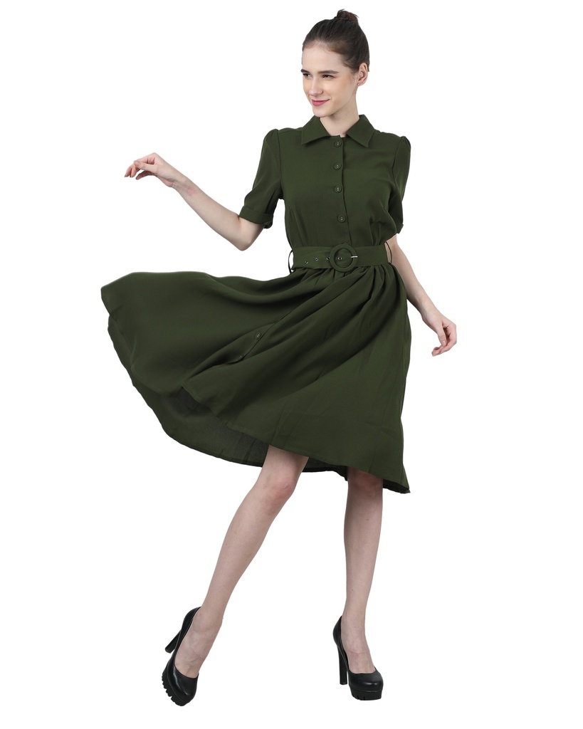 [91A218] Wear We Met - Buckle Belt Olive Dress (S)