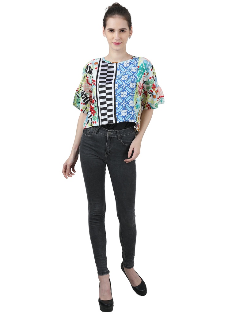 [91D737(2)] Wear We Met - Printed & Lace Top (S)