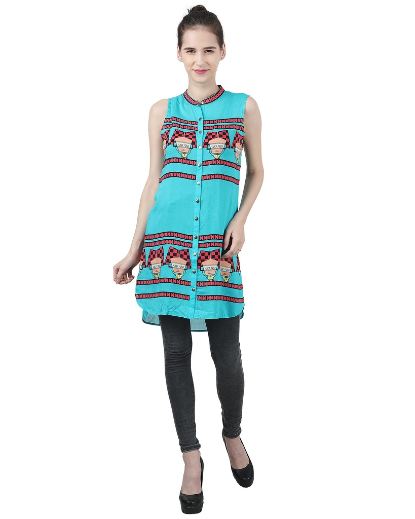 [91D535] Wear We Met - Printed Green Straight Tunic Top (S)