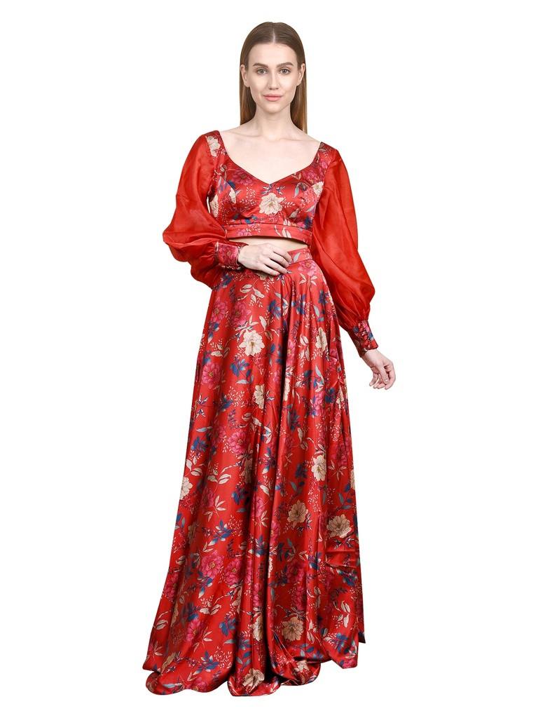 [Laura Women Red crop top lehenga] Laura Red Crop top Lehenga (S)