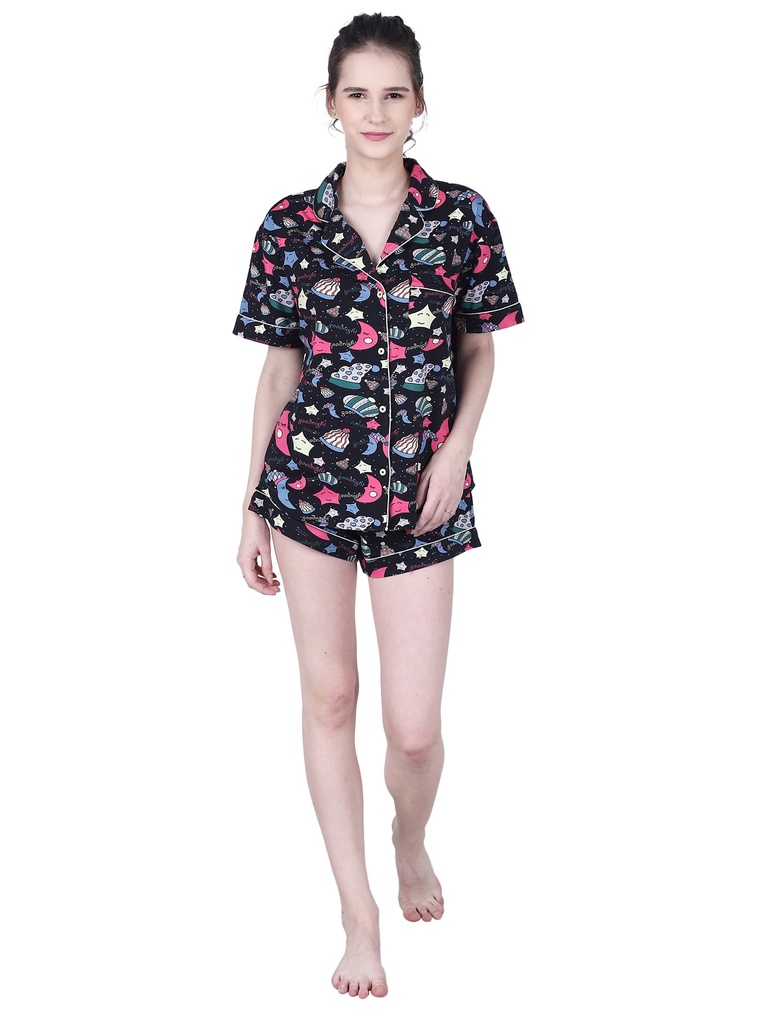[92% Cotton 8% Spandex Womens Sleep Wear Half Set] Belle (Moon And Stars, CC1, S)